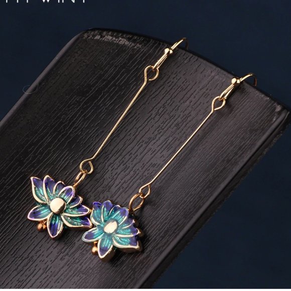 Jewelry - 14 Gold Cloisonne Lotus Flowers Earrings